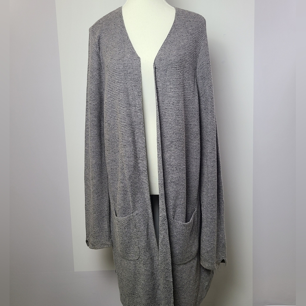 Nic + Zoe Gray Open Knit Longline Cardigan Women’s L Pockets Cozy Layering